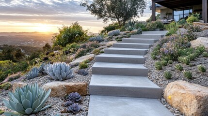 Obraz premium Modern concrete steps leading up a hillside garden with lush green plants