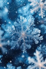 Snowflakes falling on snowy pine tree branches with blue background