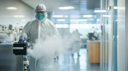Steam disinfection in a healthcare setting, with medical staff using steam cleaners to sanitize hospital rooms, beds, and equipment, ensuring sterile conditions for patient safety