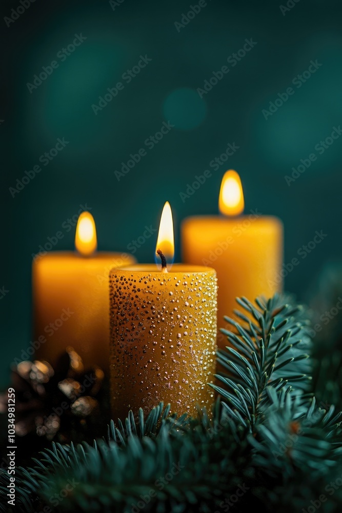 Wall mural burning advent candles with evergreen branches and pine cones on green background