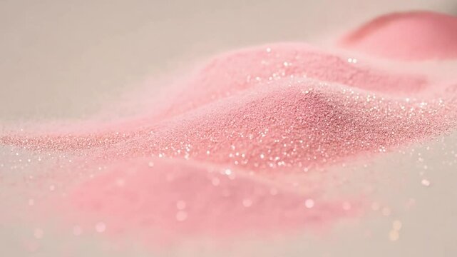 A macro shot captures pink blush or shimmering powder spilling out, creating abstract textures and patterns. The fine particles glisten in the light, showcasing their delicate beauty. The vibrant colo