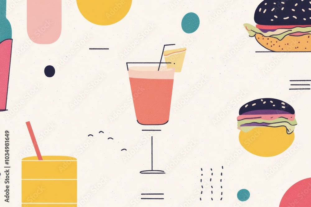 Poster brightly colored drinks and burgers are arranged in a minimalist background, creating an inviting at