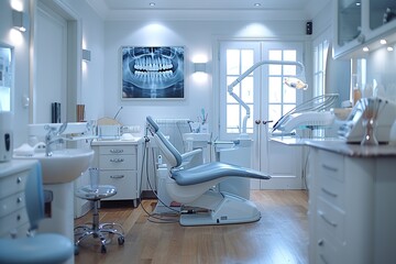 Empty dentist's chair in a sterile white room.