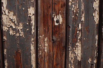 Naklejka premium rustic weathered brown wooden plank background texture with peeling paint close up macro shot