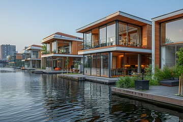 Modern waterfront homes with large windows and wooden exteriors.