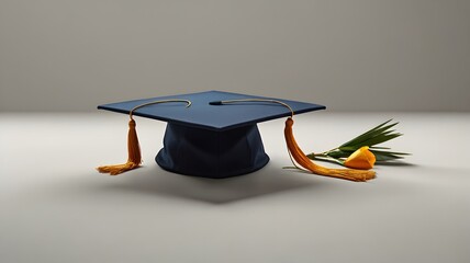Graduation cap with golden tassels and yellow flower on minimal backdrop