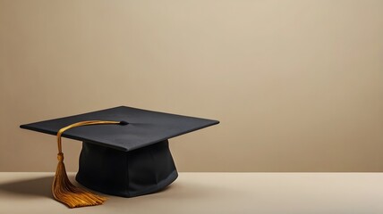 Black academic cap with gold tassel in minimalistic setting