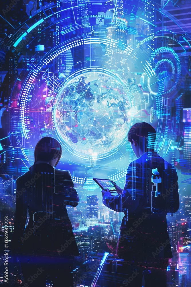 Poster futuristic business concept with digital interface and professionals analyzing data in a high-tech u