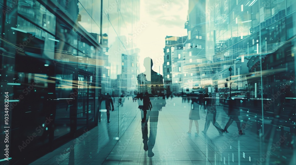 Poster a futuristic multiple exposure image exploring the intersection of time and action in a businessman'