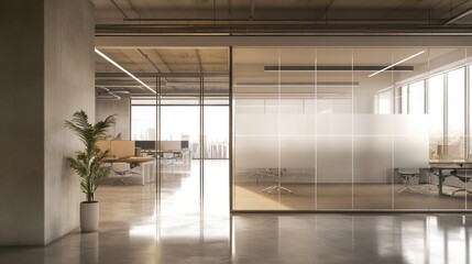 Tempered glass panels, featuring large, transparent panels used in an office building or commercial space, demonstrating their role in creating sleek, modern designs