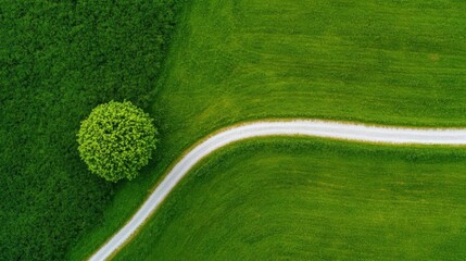 Aerial view of a winding path surrounded by lush green fields and a vibrant tree.