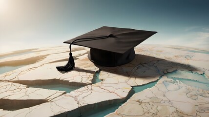 Black academic cap on cracked map surface representing global learning