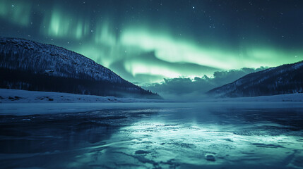 Fototapeta premium northern lights aurora borealis green night sky over snowy landscape river frozen lake stars nature background