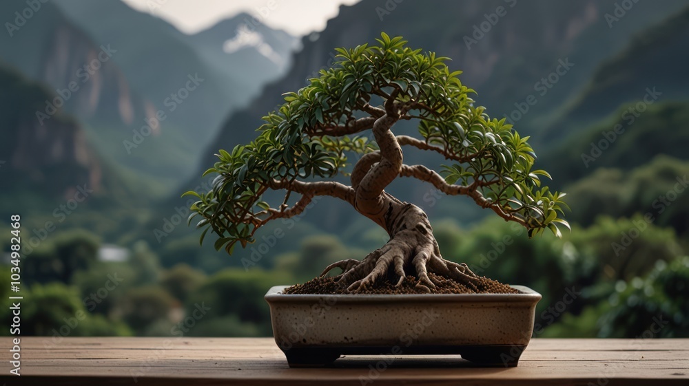 Poster a bonsai tree with intricate branches and roots sits on a wooden table in front of a mountain landsc