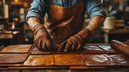 Artisans crafting leather goods in a studio, fabrication, traditional leatherworking process 