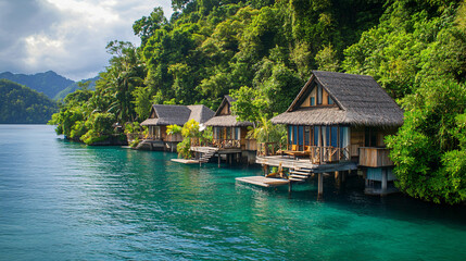 Obraz premium An idyllic island retreat with cozy bungalows nestled among lush gardens.