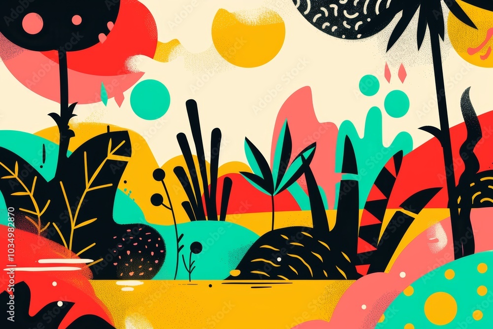 Poster vibrant abstract landscape featuring colorful plants and shapes in a sunny environment with a playfu