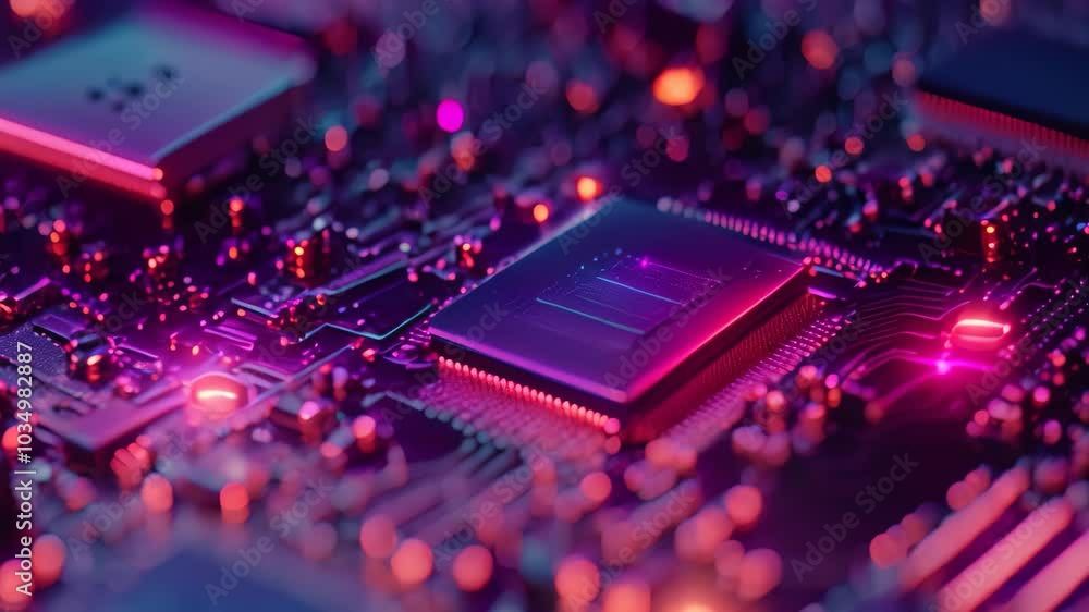 Poster a detailed view of a circuit board featuring vivid red and blue lights illuminating the intricate el