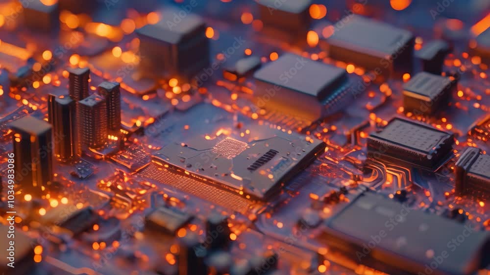 Poster a detailed view of the intricate components and pathways on a computer circuit board, nanoscale comp