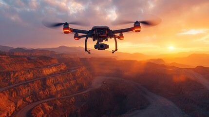 A drone captures the breathtaking landscape of a mining site as the sun sets behind the mountains, illuminating the rugged terrain with warm colors.