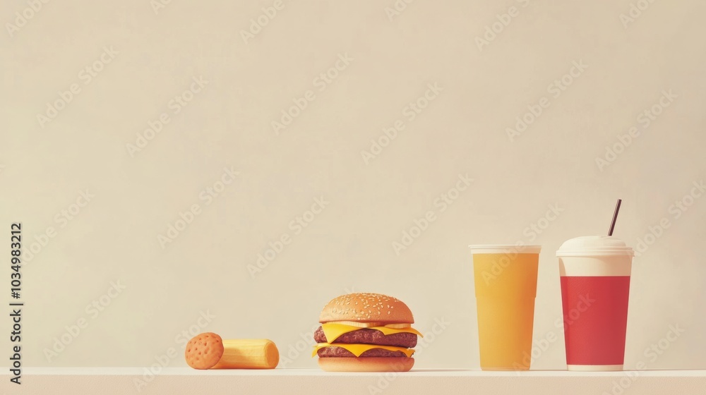 Poster A delicious burger paired with crispy fries and two colorful drinks creates a simple yet inviting meal experience. Generative AI