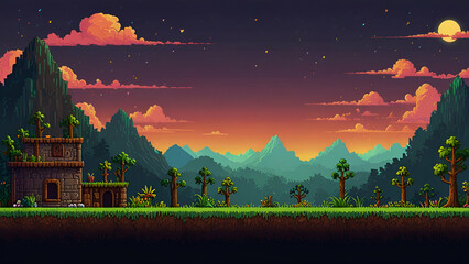Retro pixel art game background with a "Level Up" button, designed for a classic game screen.