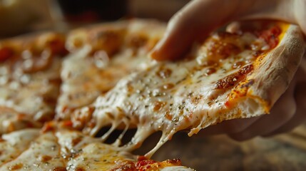 A persons hand holding a pizza slice and taking a bite out of it