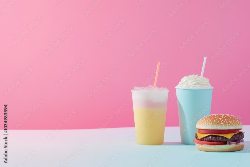 Aufkleber a colorful arrangement of two beverages and a burger creates a lively atmosphere perfect for casual 