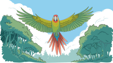 Colorful Parrot Illustration Flying Over Lush Green Forest © MdUjjall
