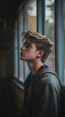 Fototapeta premium Sad teenage boy standing alone in hallway at high school 