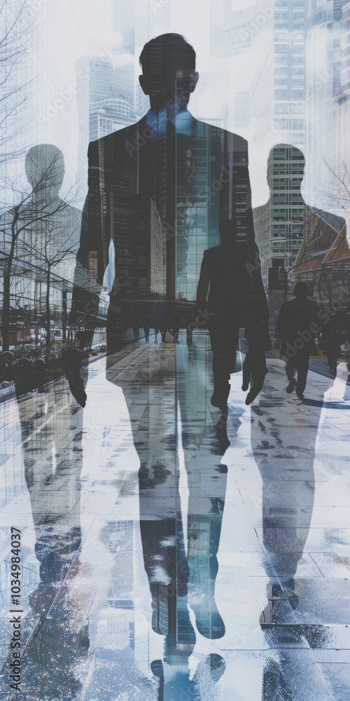 Poster a surreal multiple exposure photograph creating an artistic interpretation of a businessman's dynami