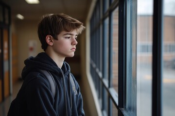 Sad teenage boy standing alone in hallway at high school