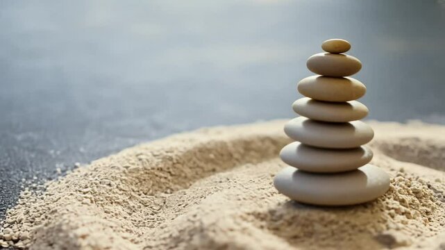 Videography, Zen garden with the stones and white sand pattern minimal scene Stack of Balanced Pebbles, zen pebbles, relax, massage, meditation, studio. 4K Video