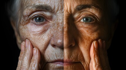 Detailed close-up of an elderly woman's hands, showcasing age, followed by a transformation into youthful, smooth skin, glowing with health and vitality