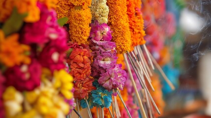 Fototapeta premium A vibrant close-up featuring colorful flower garlands and incense sticks, creating an enchanting display of symbolic offerings often seen during festive celebrations, rituals, spiritual gatherings