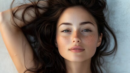 Obraz premium Woman with thinning hair and age spots, transitioning into her younger self with flawless skin and vibrant, thick dark hair, symbolizing age reversal