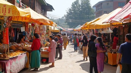 A bustling street festival celebrating Mahayana New Year, featuring lively stalls with food and crafts. The festive atmosphere, filled with people, culture, and the joy of celebration