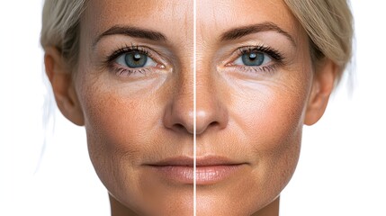 Senior woman with uneven, sun-damaged skin transforming into her revitalized self with flawless, youthful skin, smooth texture, glowing complexion