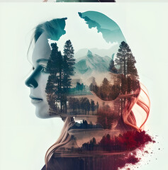 Woman turning into forest 