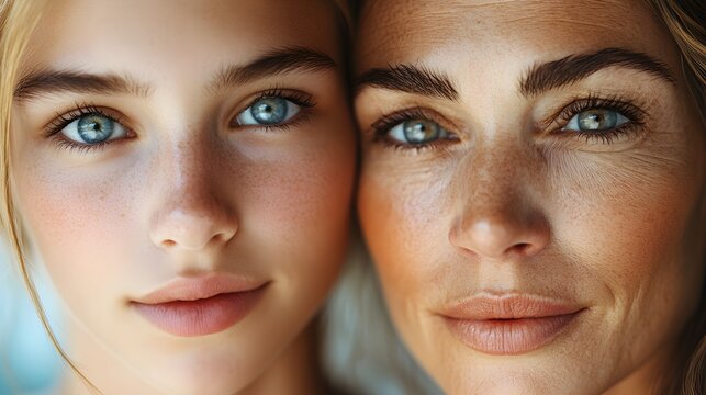 Close-up of a young woman's face transitioning to an older woman's face, showing subtle signs of aging, with vibrant skin and fewer wrinkles, skincare focus, anti-aging
