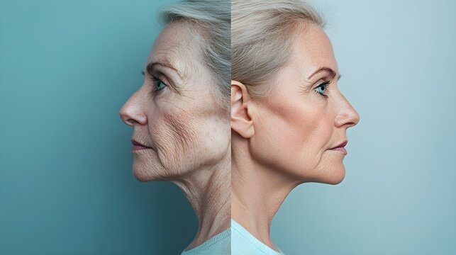 Senior woman's profile showing deep wrinkles and sagging skin, transitioning into a youthful appearance with tight, glowing skin and a sleek, refined jawline