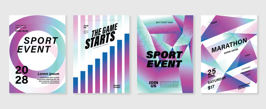 Sport event poster design background vector set. Sport cover template with vibrant abstract gradient geometric shape. Ideal design for social media, flyer, promotion, card.
