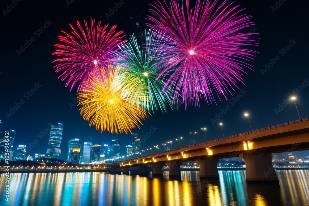 Aufkleber bridge over a river with fireworks in the sky. fireworks are in different colors and are lit up at n