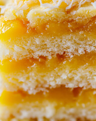 an extreme close-up, a sliced mango coconut cake, filling the entire frame with its intricate three layers