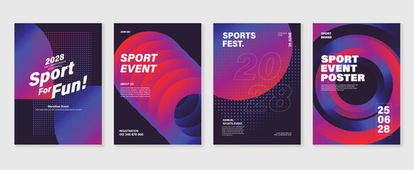 Sport event poster design background vector set. Sport cover template with vibrant abstract gradient geometric shape and dot halftone. Ideal design for social media, flyer, promotion, card.