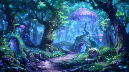 Naklejka premium A magical forest scene with glowing jellyfish and vibrant flora, creating an enchanting atmosphere.