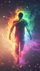 Obraz premium Vibrant Silhouette of a Human Figure Surrounded by Colorful Cosmic