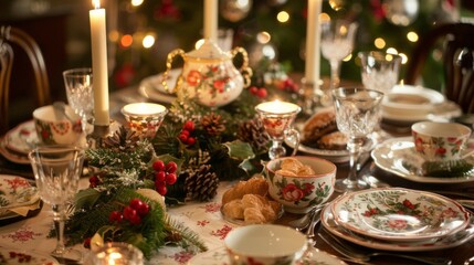 Fototapeta premium Family Christmas Feast: A Homely Table with a Variety of Festive Dishes