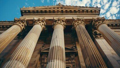 Captivating view of an historic museum exterior showcasing grand columns and intricate architectural details under a dramatic sky in the United States.