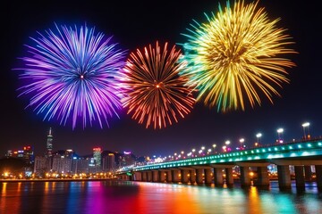City skyline is lit up with fireworks, creating a festive and lively atmosphere. The fireworks are set off on a bridge over a body of water, adding to the sense of excitement and celebration.